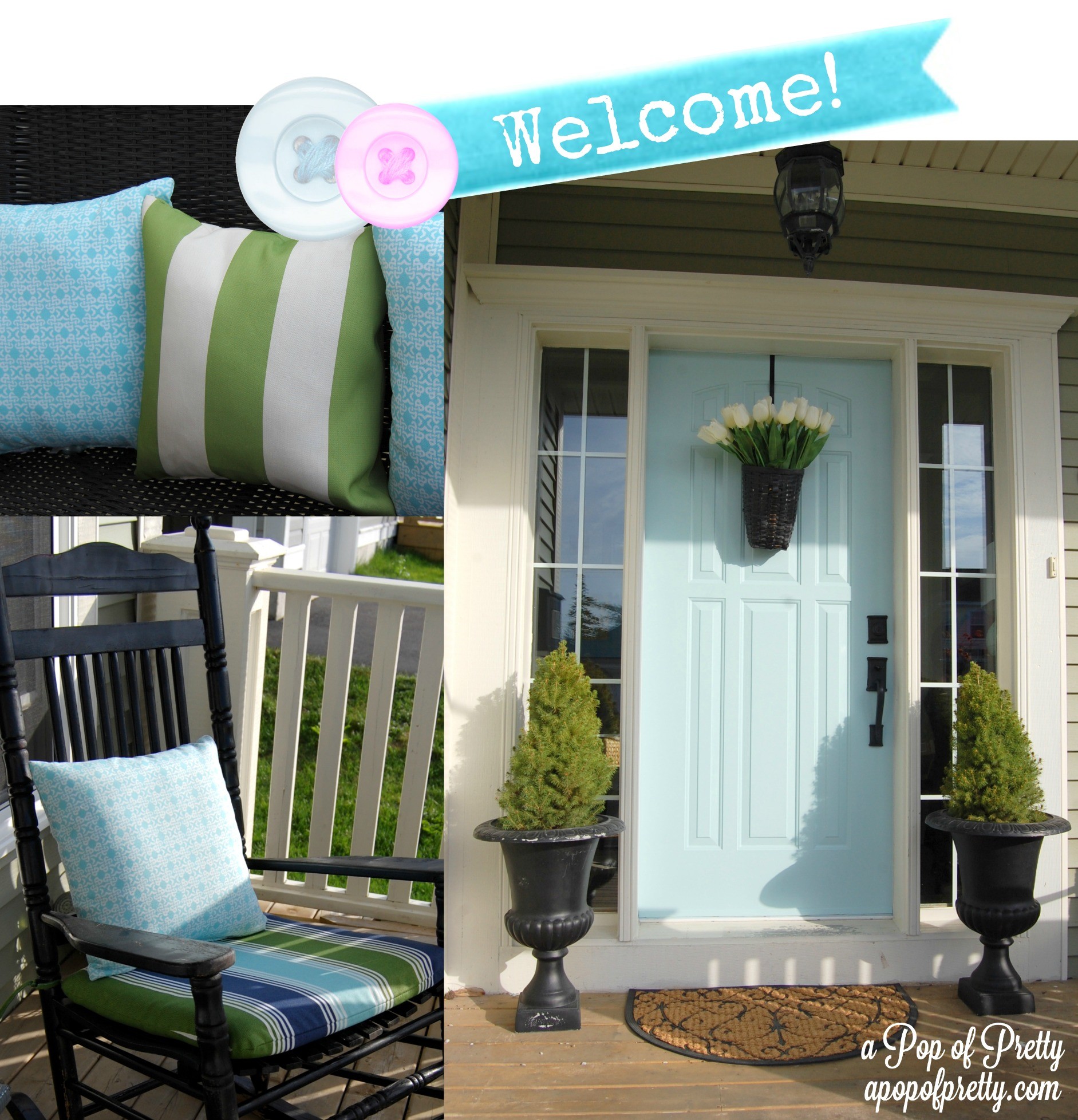 Cottage Style Front Porch with Light Turquoise Door A Pop of Pretty