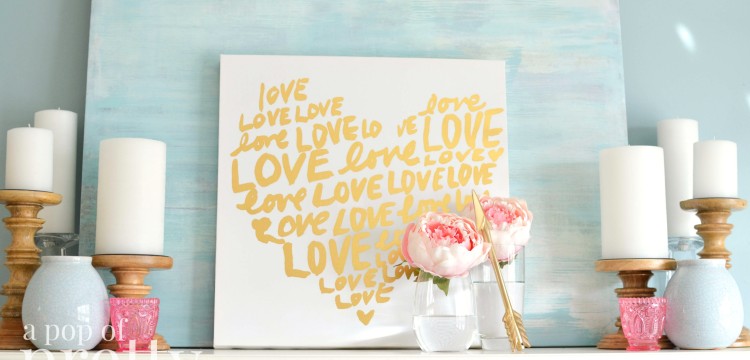 Pink and gold valentines day mantel