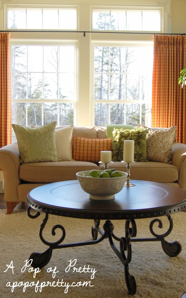 cottage living room plaid drapes