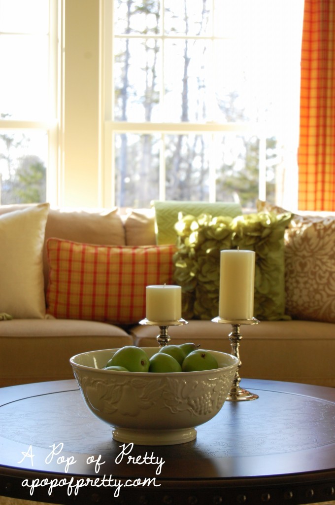 cottage style living room - cream, red and apple green