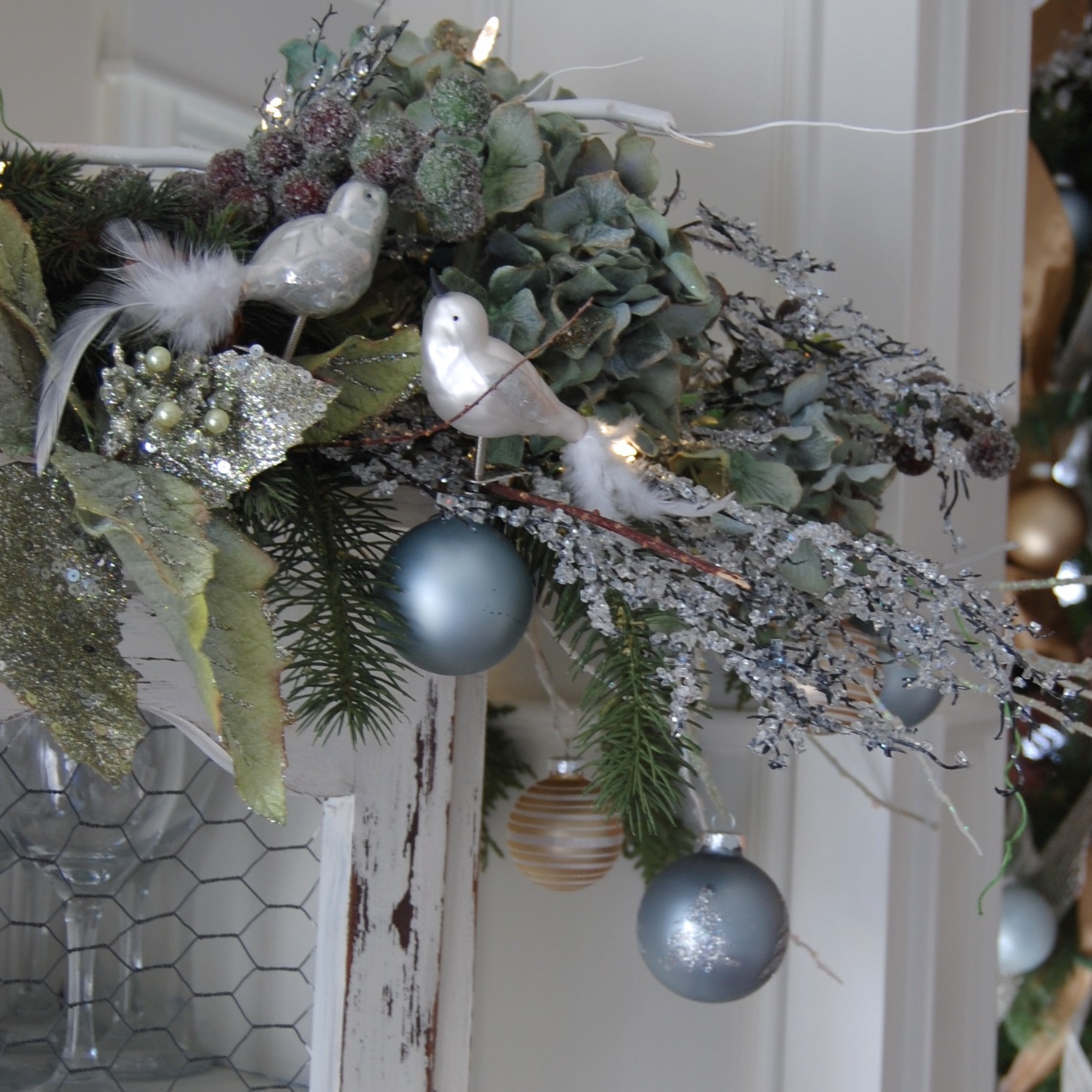 Cabinet-Top Christmas Display (Vignette): Floating Bulbs in Foliage