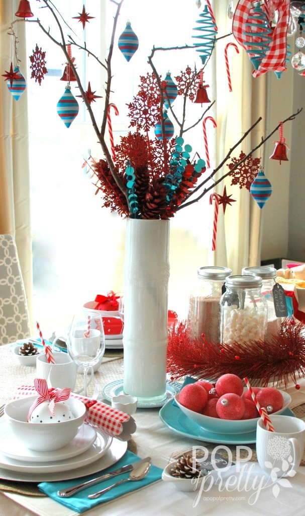 red and turquoise Christmas centerpiece