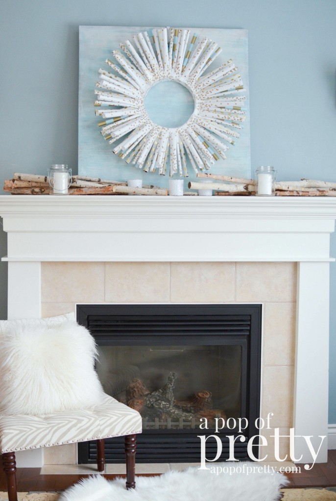 wrapping paper wreath winter mantel