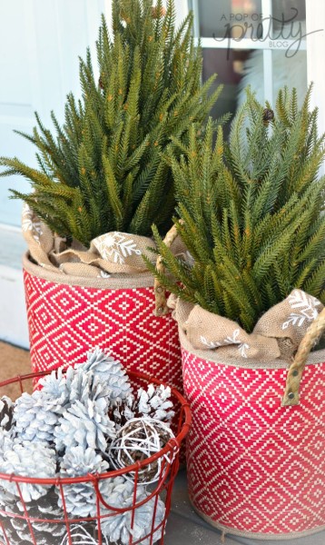 cottage Christmas - trees in baskets