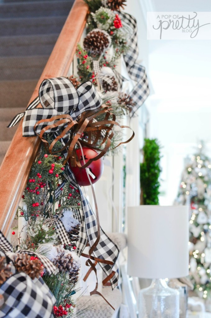 Cottage Christmas decor staircase railing with buffalo plaid