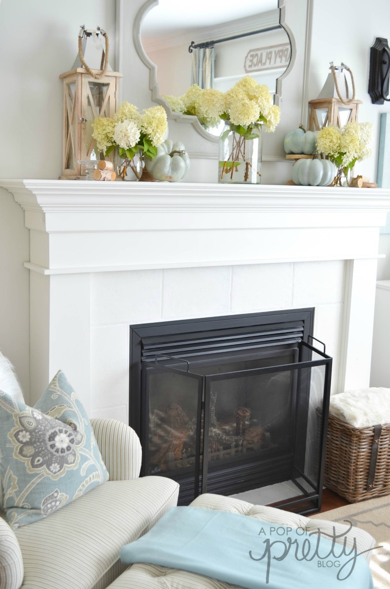 fall decor mantel hydrangeas