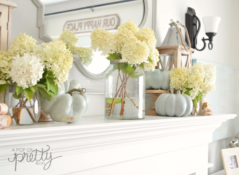 fall decorating with hydrangeas mantel