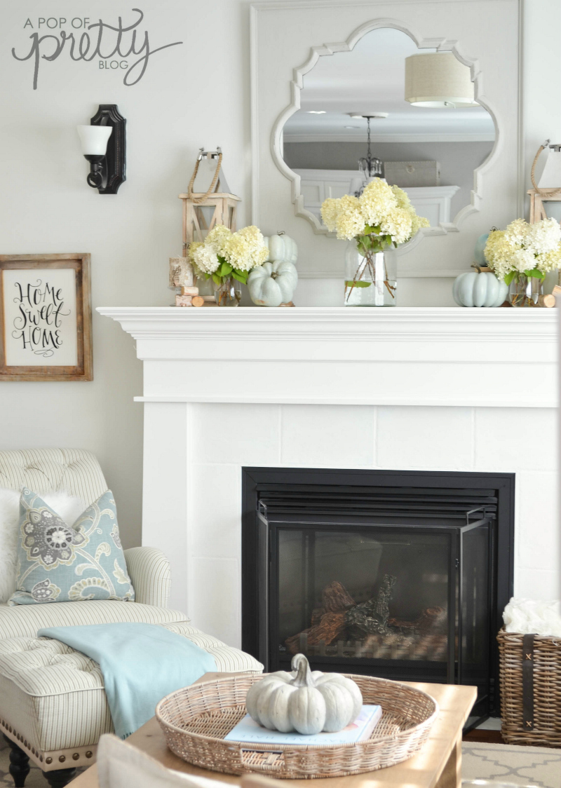 fall decor mantel hydrangeas