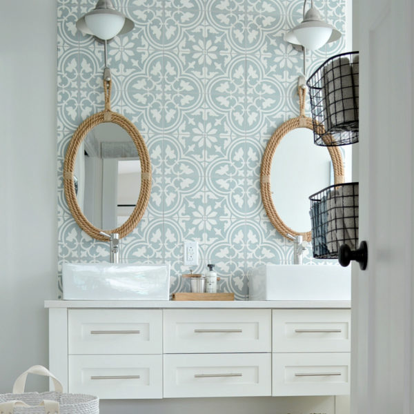 patterned cement tile in ensuite