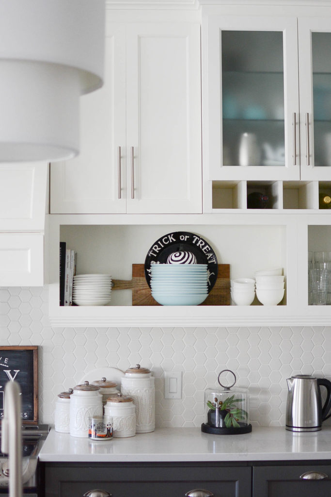 Two toned kitchen cabinets with open shelving