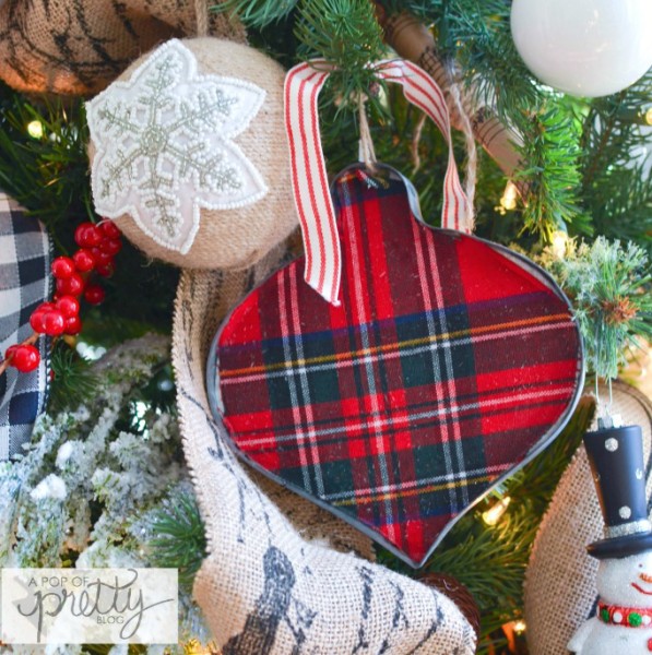 plaid tree ornament hung with ribbon