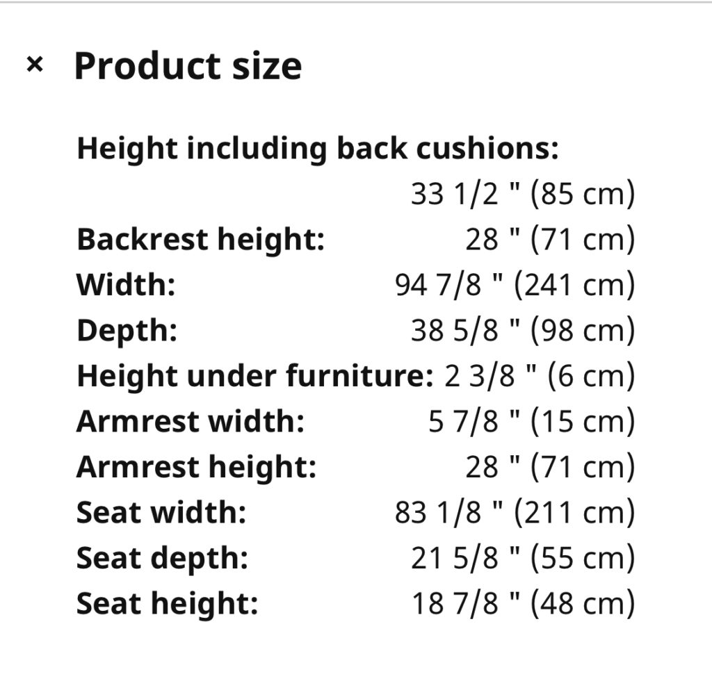 IKEA Finnala sofa dimensions